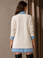 Élégant manteau en jean pour femme avec empiècement en tricot côtelé