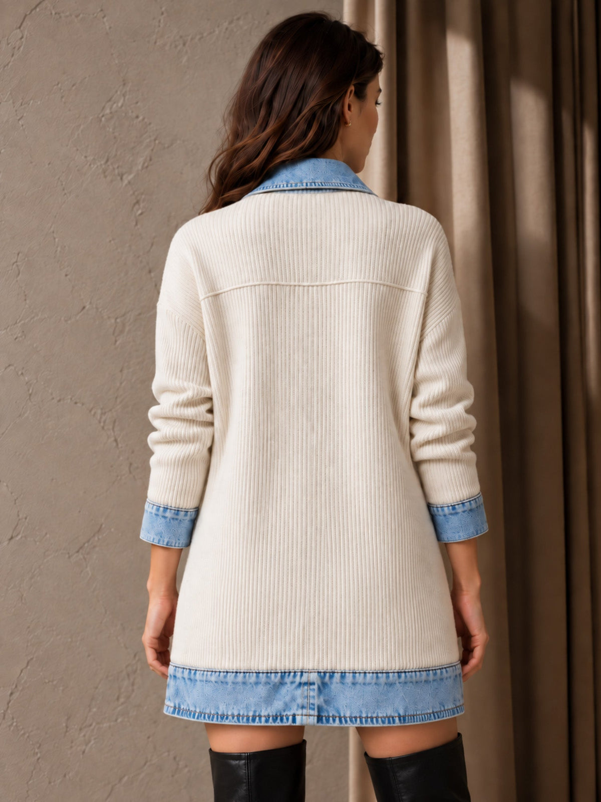 Élégant manteau en jean pour femme avec empiècement en tricot côtelé