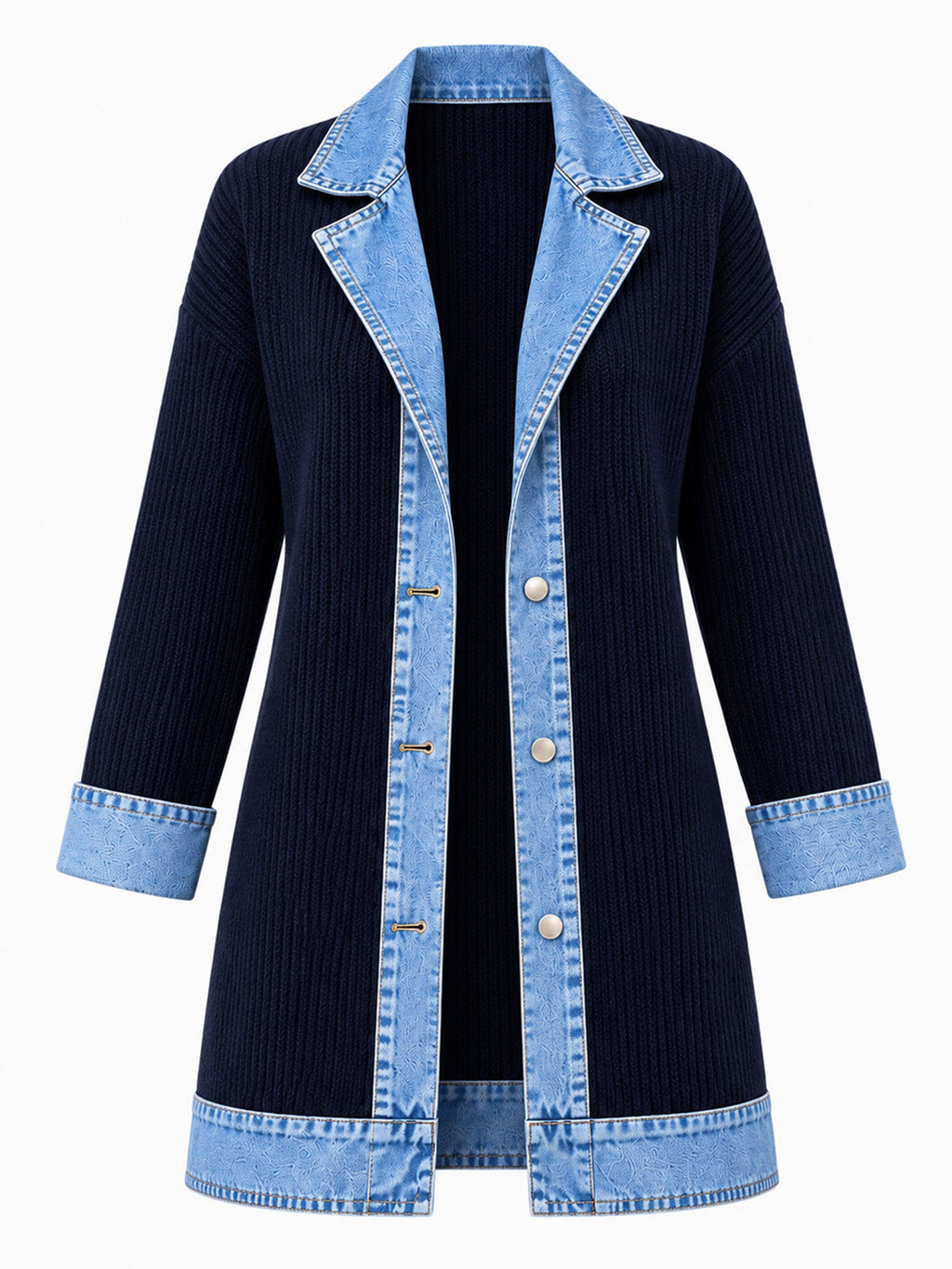 Élégant manteau en jean pour femme avec empiècement en tricot côtelé