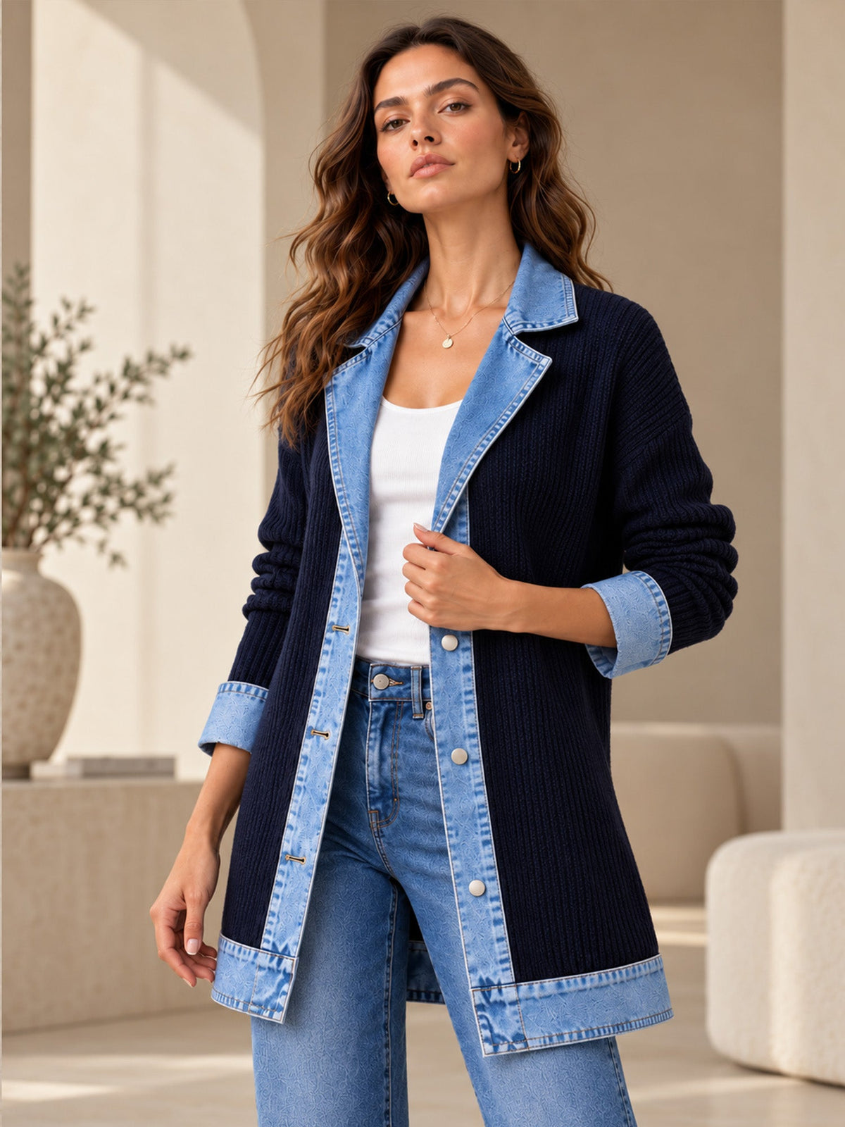 Eleganter Damenmantel aus Denim mit geripptem Strick-Einsatz