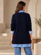 Élégant manteau en jean pour femme avec empiècement en tricot côtelé