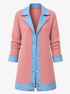 Élégant manteau en jean pour femme avec empiècement en tricot côtelé