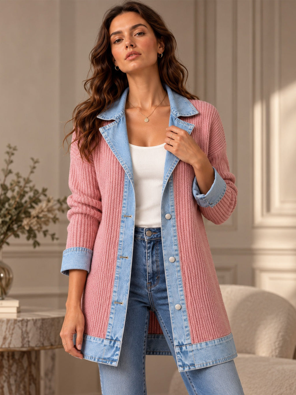 Élégant manteau en jean pour femme avec empiècement en tricot côtelé