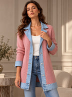 Élégant manteau en jean pour femme avec empiècement en tricot côtelé