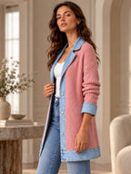 Élégant manteau en jean pour femme avec empiècement en tricot côtelé