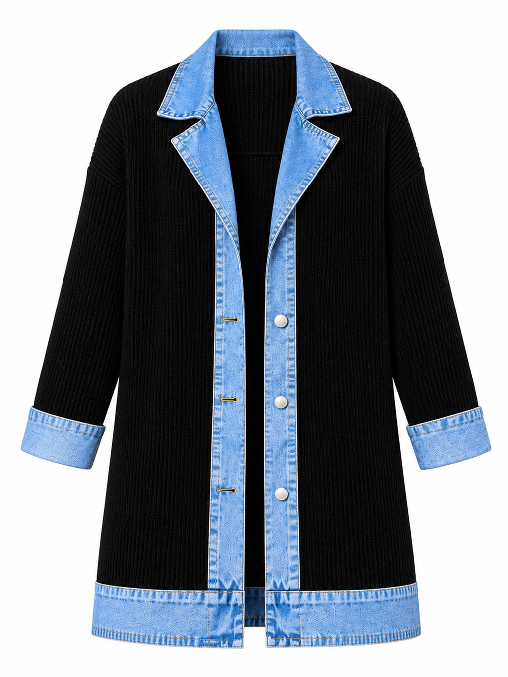 Élégant manteau en jean pour femme avec empiècement en tricot côtelé