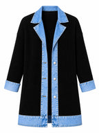 Élégant manteau en jean pour femme avec empiècement en tricot côtelé
