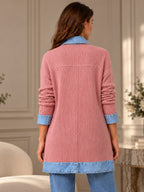 Élégant manteau en jean pour femme avec empiècement en tricot côtelé
