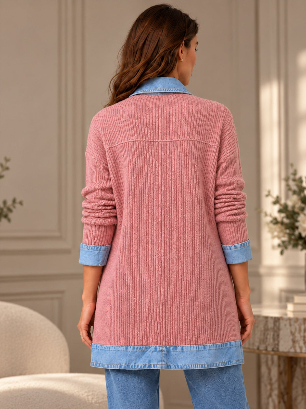 Élégant manteau en jean pour femme avec empiècement en tricot côtelé