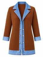 Élégant manteau en jean pour femme avec empiècement en tricot côtelé