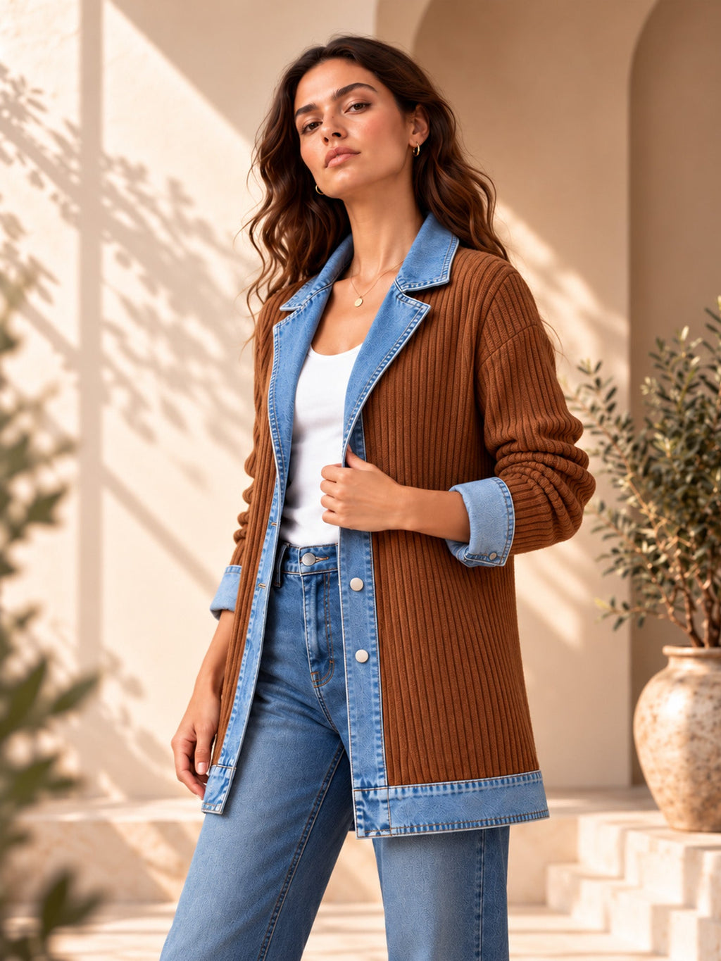 Élégant manteau en jean pour femme avec empiècement en tricot côtelé