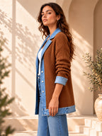Élégant manteau en jean pour femme avec empiècement en tricot côtelé