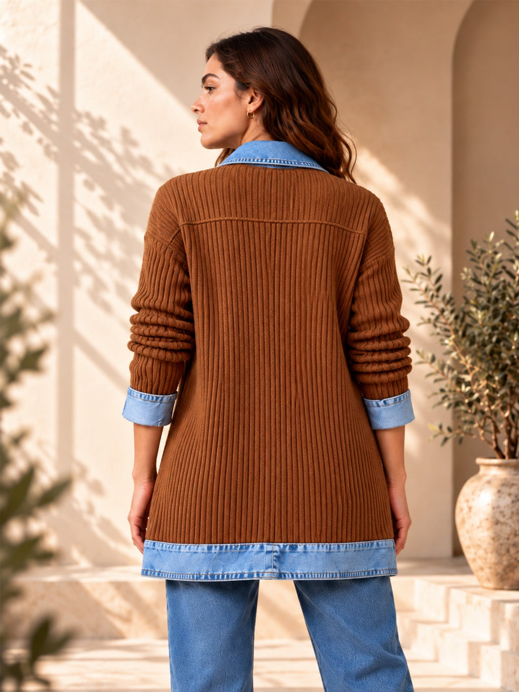 Élégant manteau en jean pour femme avec empiècement en tricot côtelé