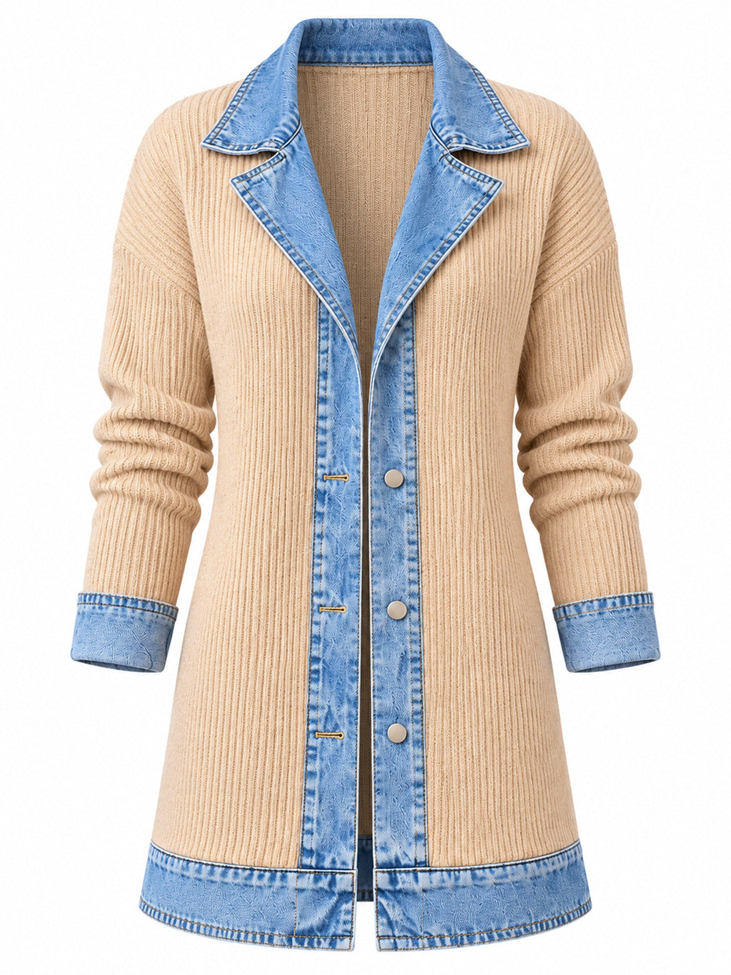 Élégant manteau en jean pour femme avec empiècement en tricot côtelé