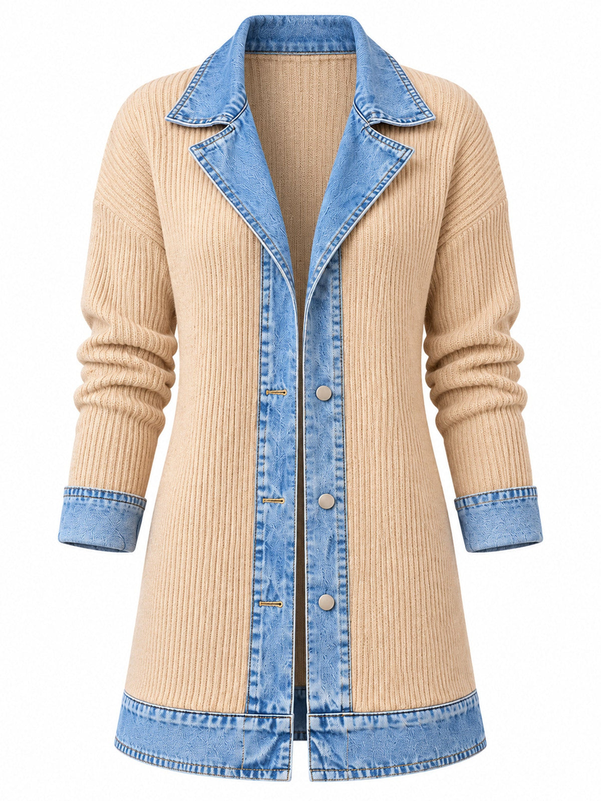 Élégant manteau en jean pour femme avec empiècement en tricot côtelé