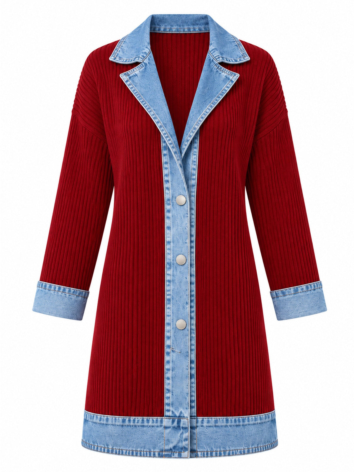 Élégant manteau en jean pour femme avec empiècement en tricot côtelé