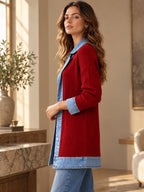 Élégant manteau en jean pour femme avec empiècement en tricot côtelé