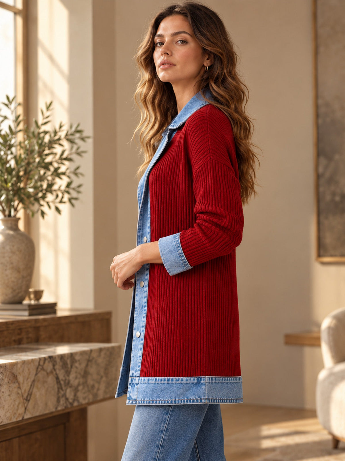 Élégant manteau en jean pour femme avec empiècement en tricot côtelé