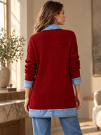 Élégant manteau en jean pour femme avec empiècement en tricot côtelé