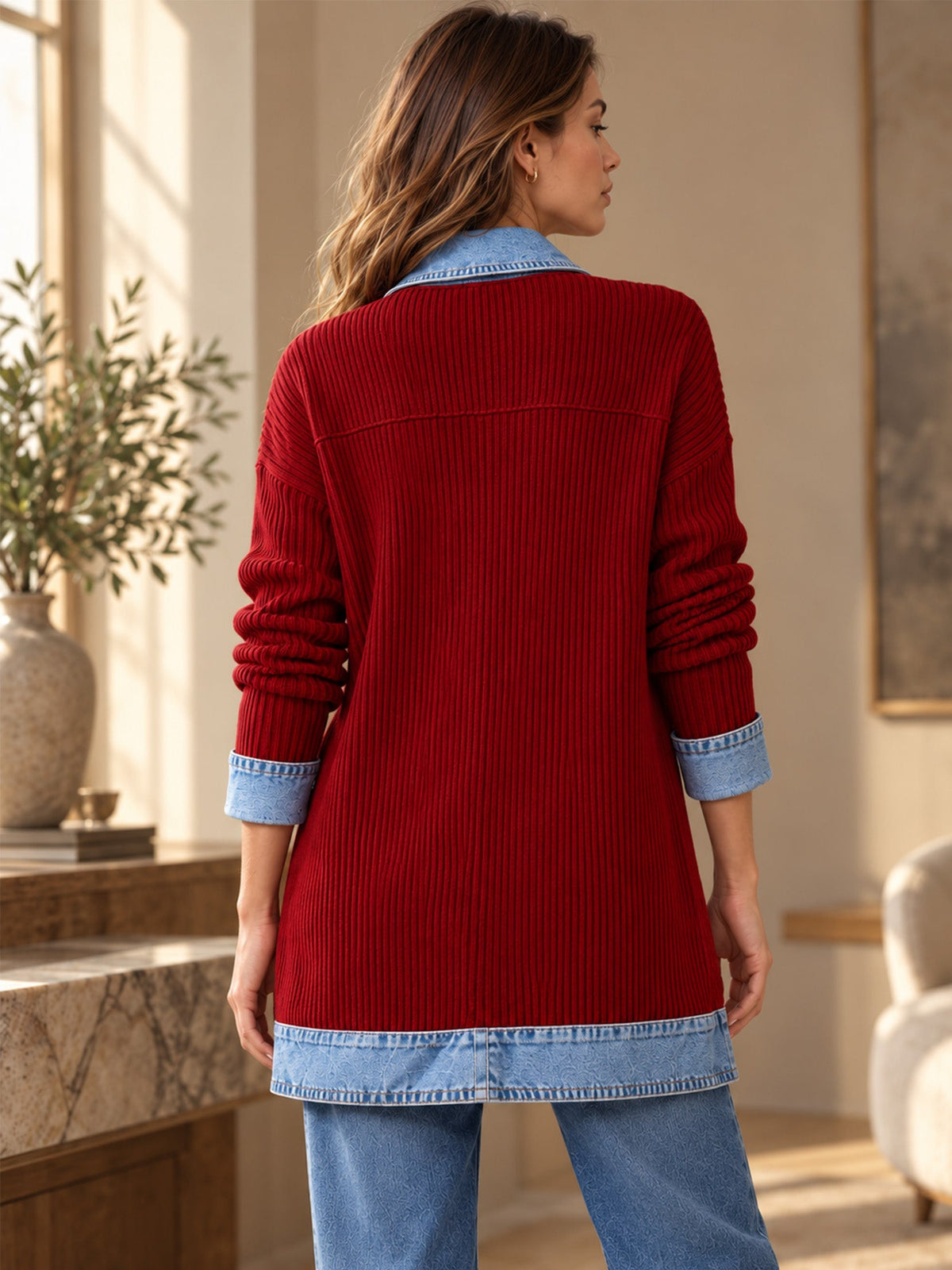 Élégant manteau en jean pour femme avec empiècement en tricot côtelé