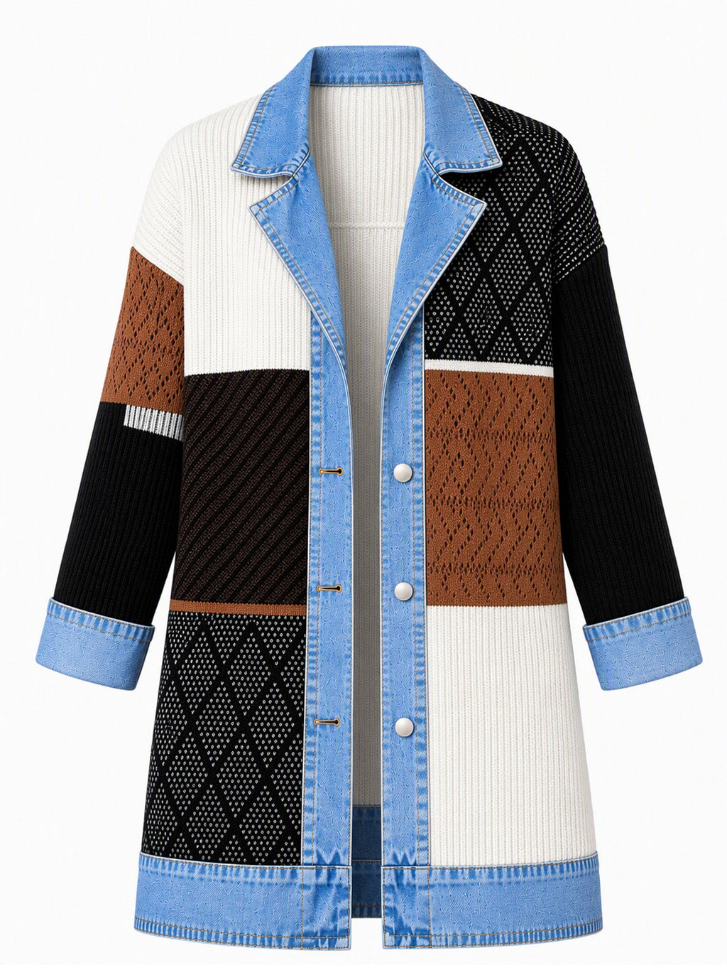 Élégant manteau en jean pour femme avec empiècement en tricot côtelé