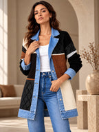 Élégant manteau en jean pour femme avec empiècement en tricot côtelé