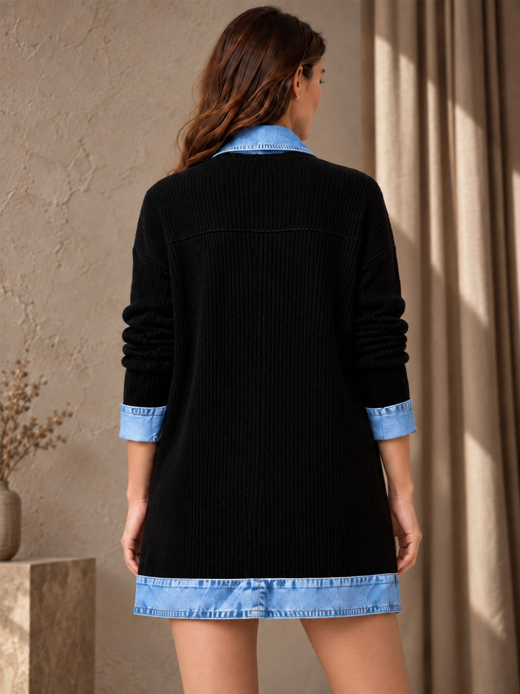 Élégant manteau en jean pour femme avec empiècement en tricot côtelé