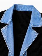 Élégant manteau en jean pour femme avec empiècement en tricot côtelé