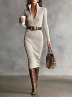 Hazel™ | Robe-pull midi côtelée à col en V