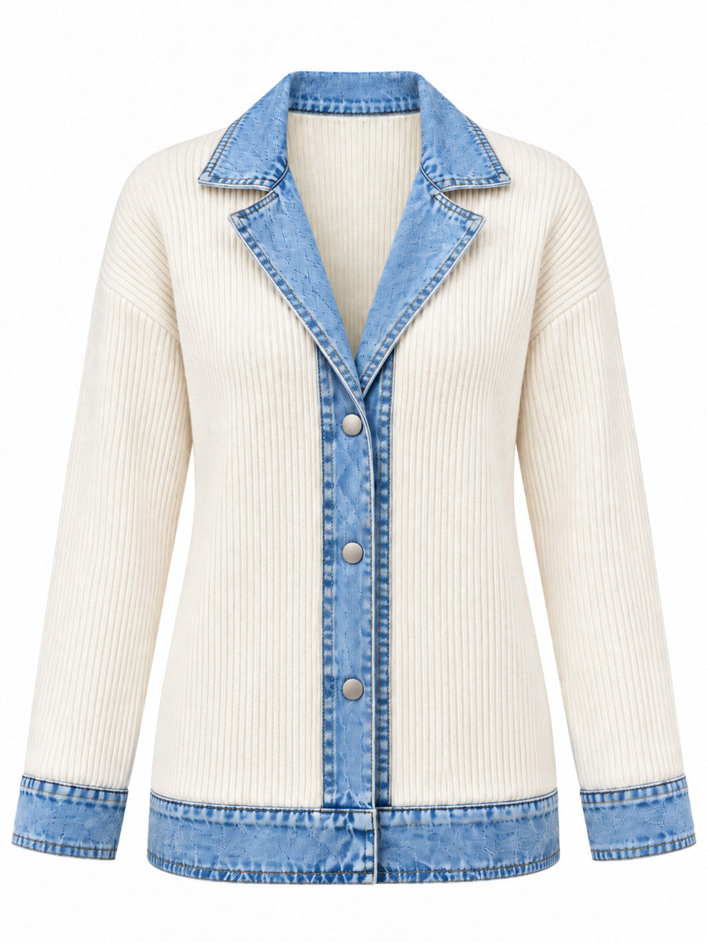 Élégant manteau en jean pour femme avec empiècement en tricot côtelé