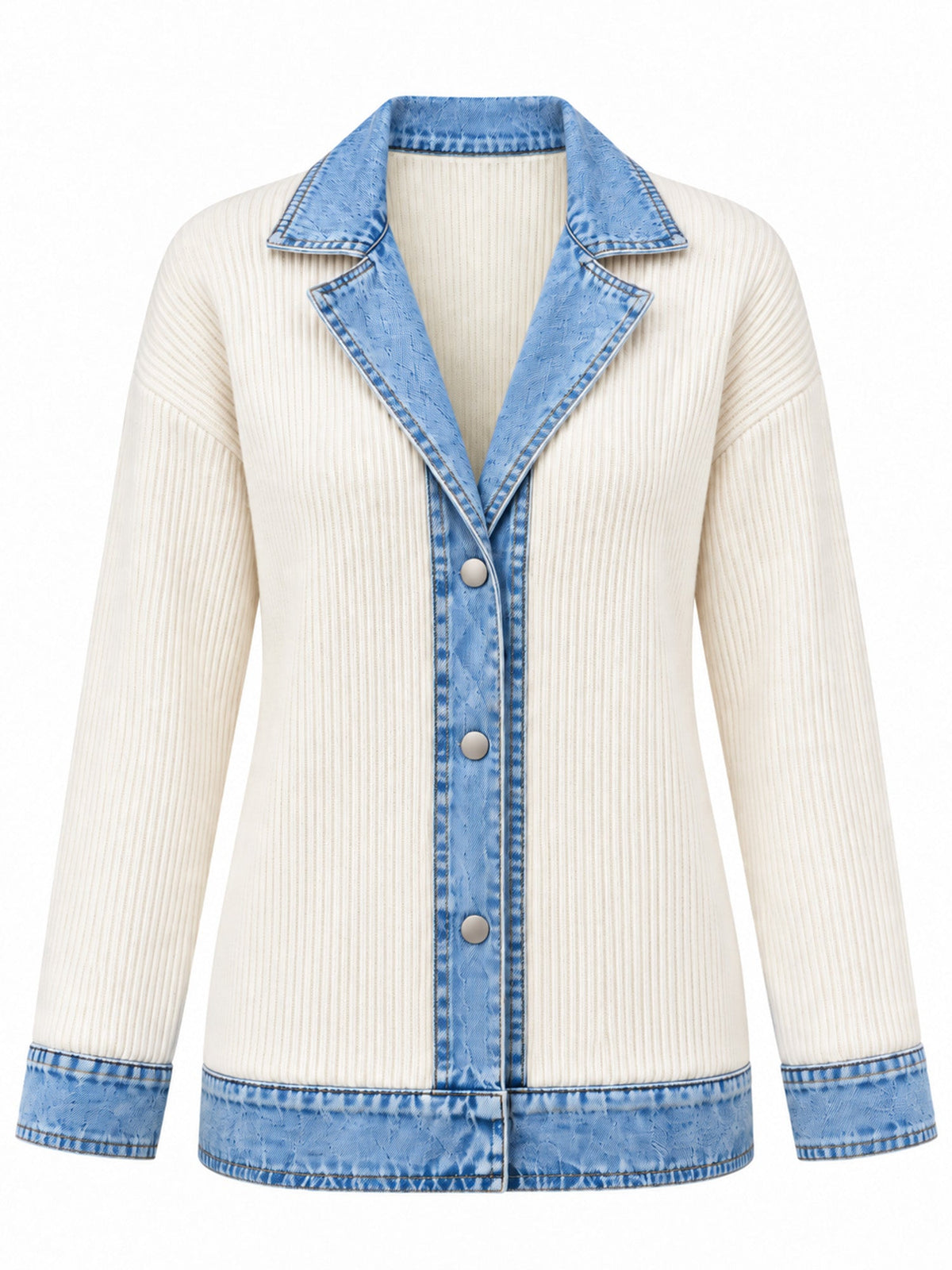 Élégant manteau en jean pour femme avec empiècement en tricot côtelé
