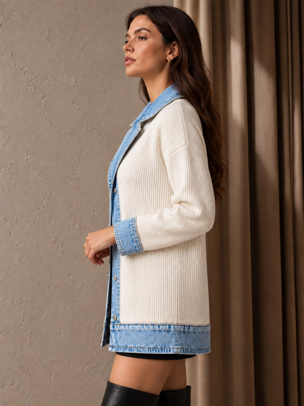 Élégant manteau en jean pour femme avec empiècement en tricot côtelé