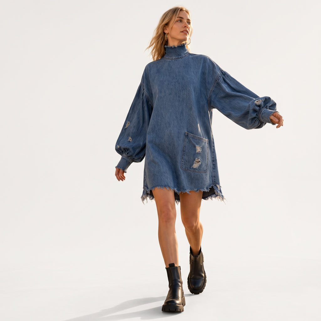 Soldes !!! 🎉✨ Mini-robe oversize en jean pour femme avec col montant