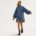 Soldes !!! 🎉✨ Mini-robe oversize en jean pour femme avec col montant