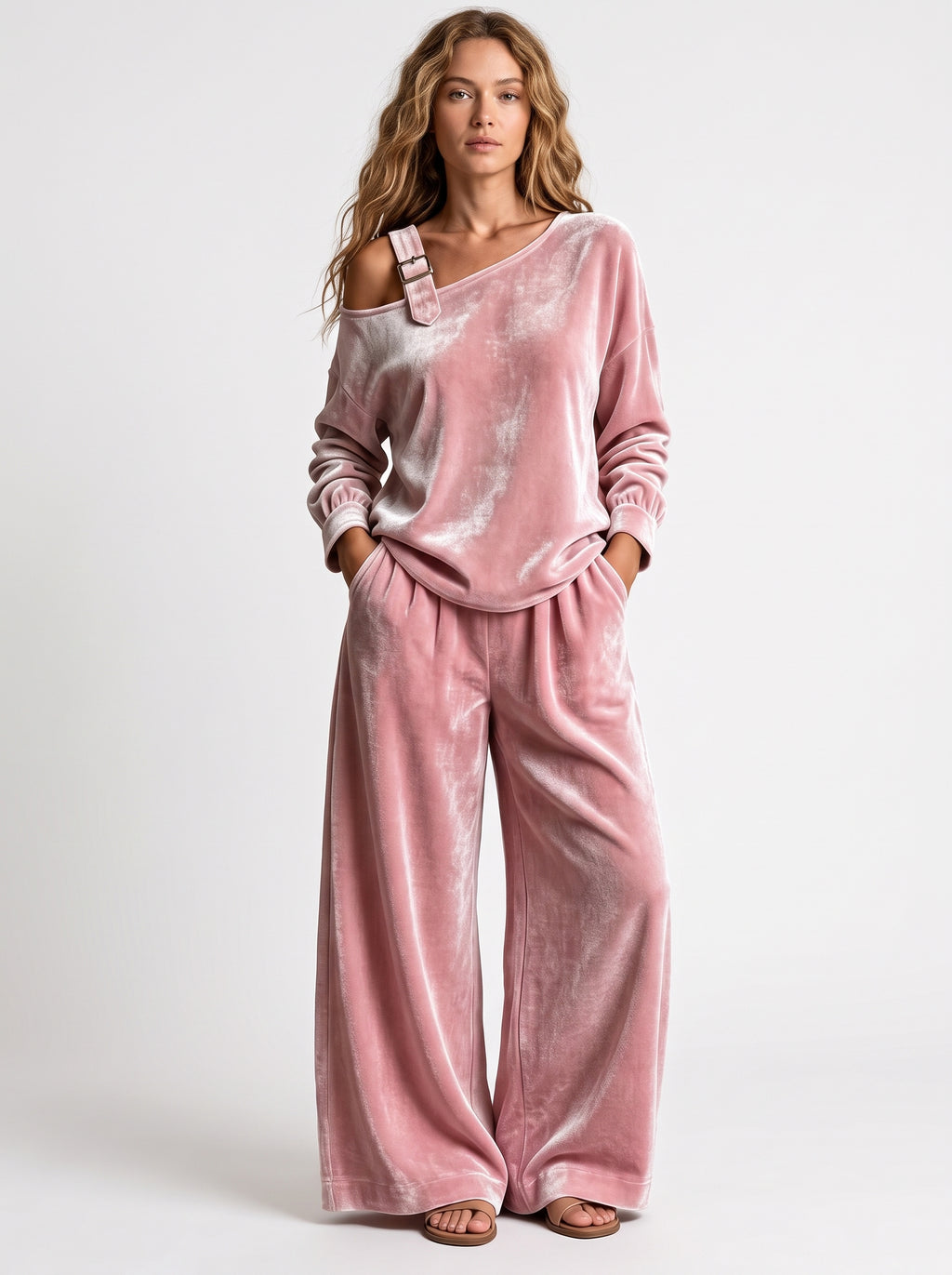 Damen-Off-Shoulder-Oberteil mit weit geschnittener Hose als Set