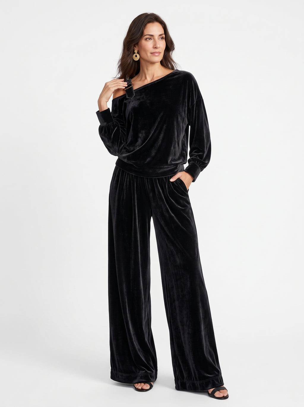 Damen-Off-Shoulder-Oberteil mit weit geschnittener Hose als Set
