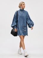 Soldes !!! 🎉✨ Mini-robe oversize en jean pour femme avec col montant