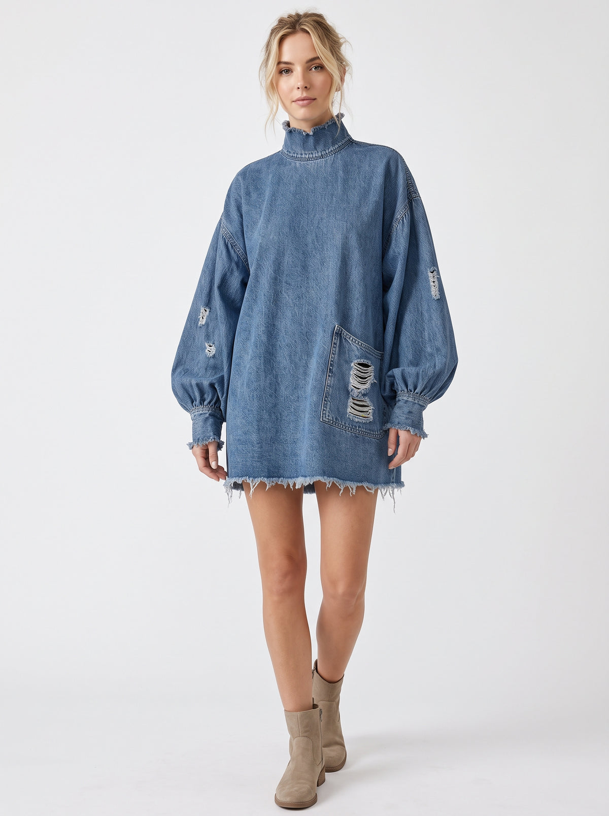 Soldes !!! 🎉✨ Mini-robe oversize en jean pour femme avec col montant