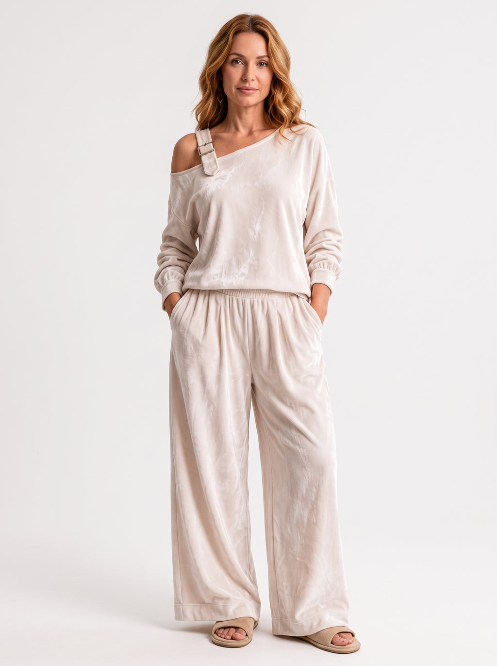 Damen-Off-Shoulder-Oberteil mit weit geschnittener Hose als Set