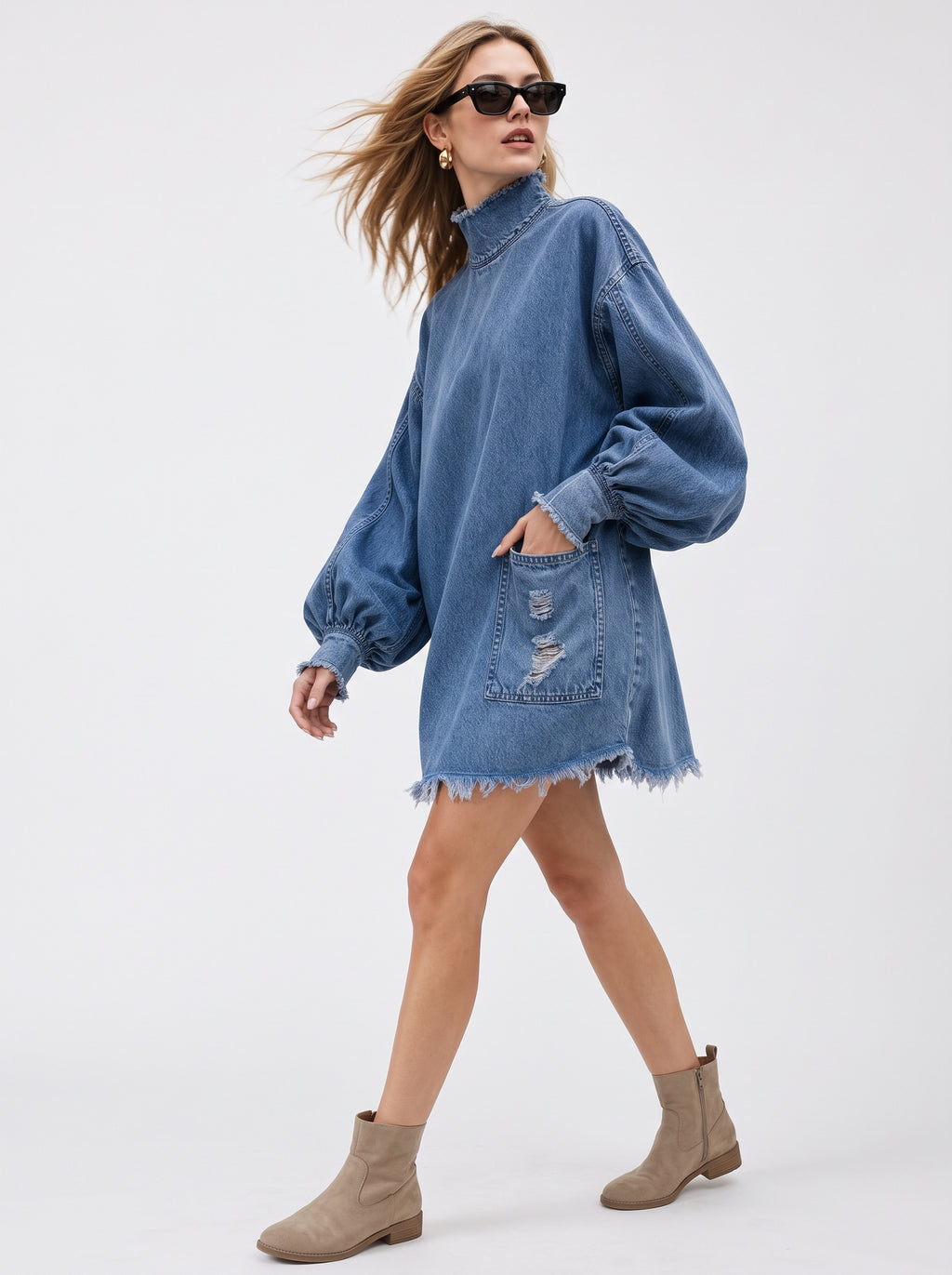 Soldes !!! 🎉✨ Mini-robe oversize en jean pour femme avec col montant