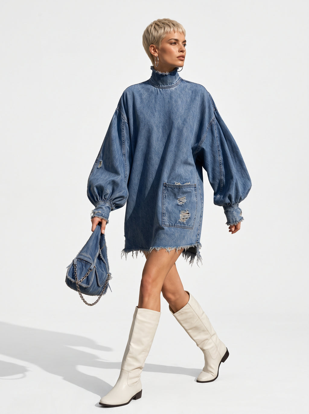 Soldes !!! 🎉✨ Mini-robe oversize en jean pour femme avec col montant