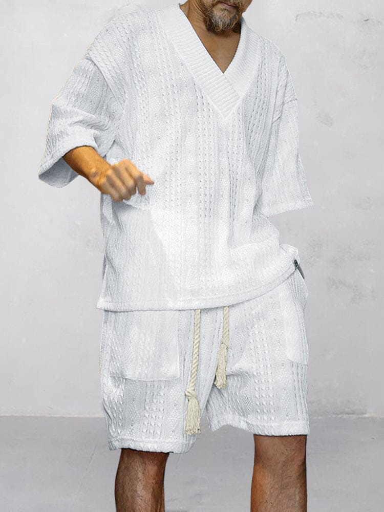 Zweiteiler für Herren, Sommer – T-Shirt mit V-Ausschnitt & Shorts | Loungewear-Set für Herren, Zopfstrick, lässig & bequem