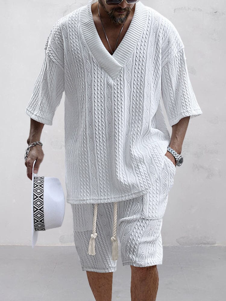 Zweiteiler für Herren, Sommer – T-Shirt mit V-Ausschnitt & Shorts | Loungewear-Set für Herren, Zopfstrick, lässig & bequem