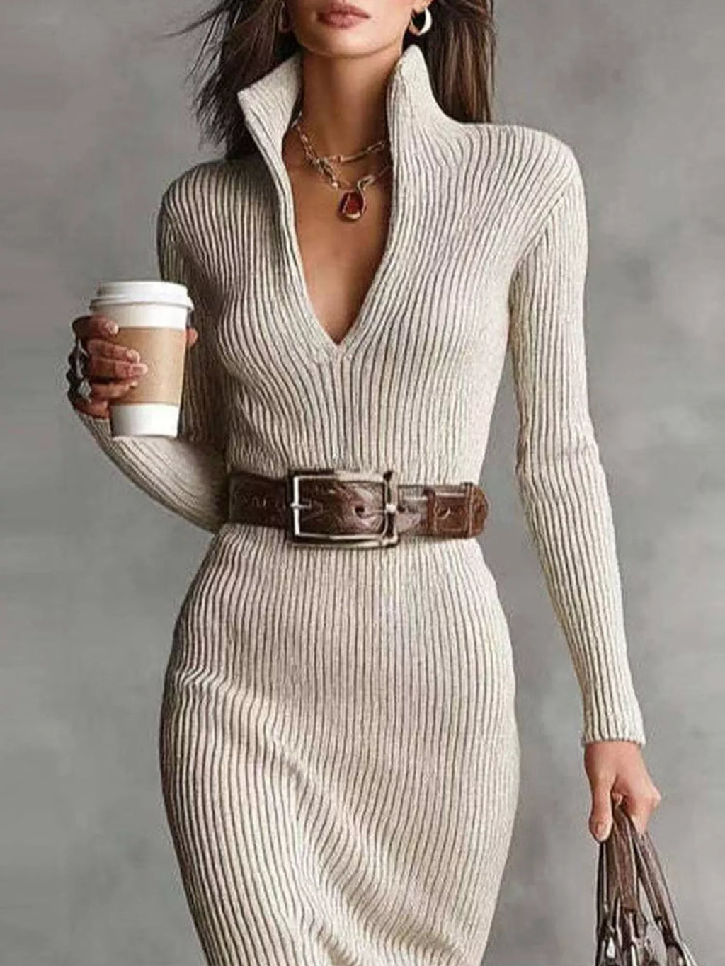 Hazel™ | Robe-pull midi côtelée à col en V