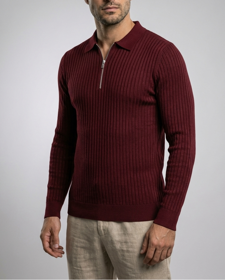 Herren-Poloshirt mit Reißverschluss, Strukturmuster, Kurzarm, Baumwolle