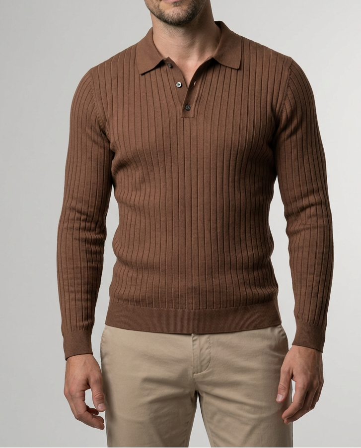 Men's Long-Sleeve Polo Shirt with Vertical Ribbed Texture | Elegant Design for Style and Comfort