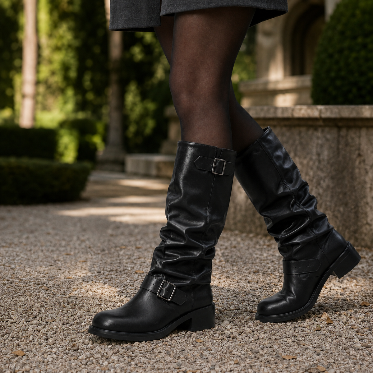 Damen Bikerstiefel kniehoch mit Doppelschnalle