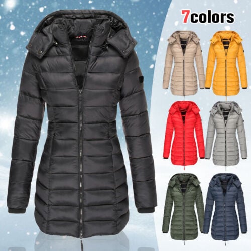 Mittellange wattierte Winterjacke für Damen – einfarbig & warme Kapuze