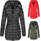 Veste d'hiver matelassée mi-longue pour femme – unie et capuche chaude