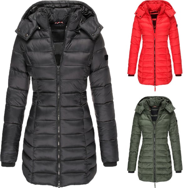 Mittellange wattierte Winterjacke für Damen – einfarbig & warme Kapuze